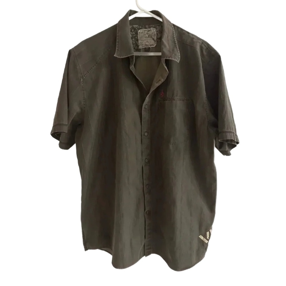 AFFLICTION ~ Men’s button up short sleeve distressed look shirt size L - Picture 8 of 9